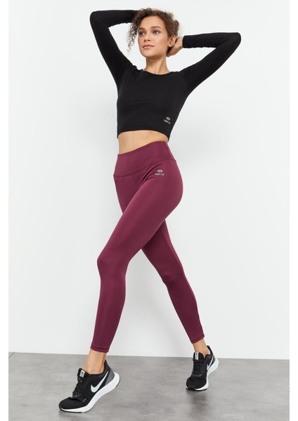 Bordo Yüksek Bel Streç Slim Fit Dar Paça Kadın Tayt - 94545