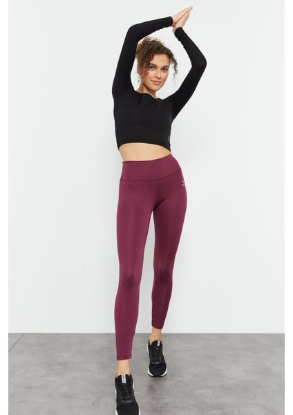 Bordo Yüksek Bel Streç Slim Fit Dar Paça Kadın Tayt - 94545