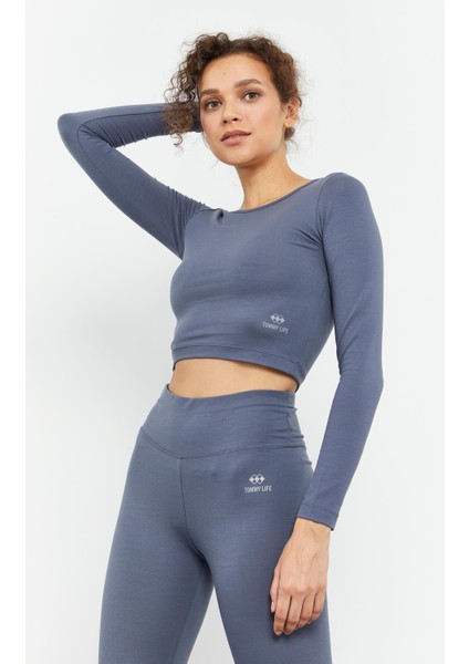 Petrol Yüksek Bel Uzun Kollu Slim Fit Crop Top Kadın Tayt Takım - 95286