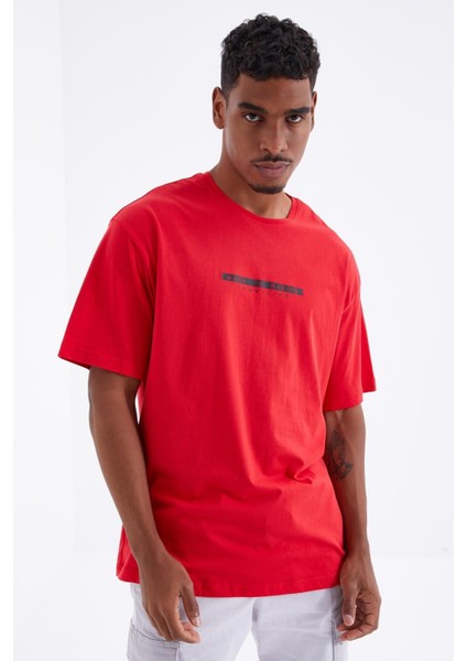 Kırmızı Sırtı Yazı Baskılı O Yaka Erkek Oversize T-Shirt - 88100