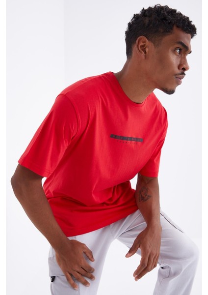 Kırmızı Sırtı Yazı Baskılı O Yaka Erkek Oversize T-Shirt - 88100