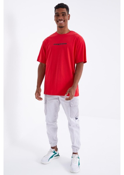 Kırmızı Sırtı Yazı Baskılı O Yaka Erkek Oversize T-Shirt - 88100