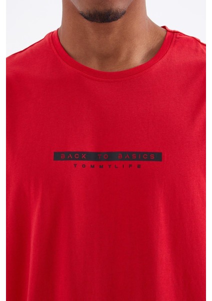 Kırmızı Sırtı Yazı Baskılı O Yaka Erkek Oversize T-Shirt - 88100