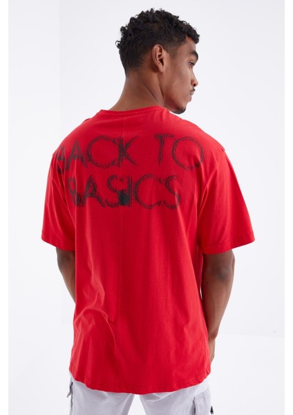 Kırmızı Sırtı Yazı Baskılı O Yaka Erkek Oversize T-Shirt - 88100