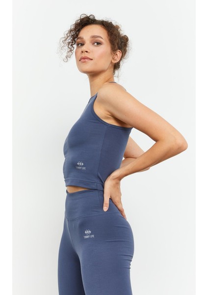 Petrol Yüksek Bel Kapri-Crop Atlet Slim Fit Kadın Tayt Takım - 95284