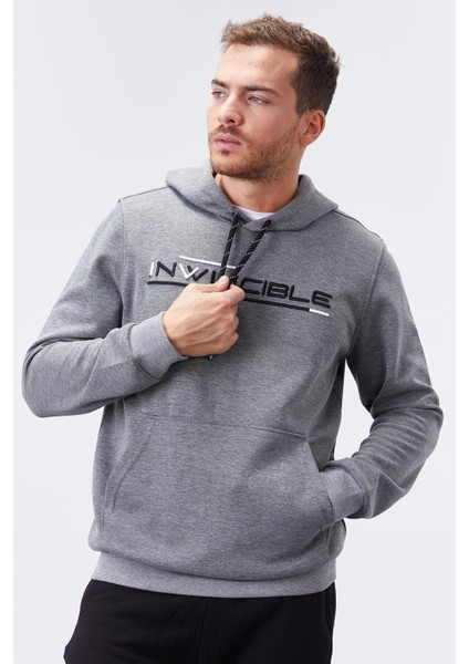 Gri Melanj Kanguru Cep Standart Kalıp Kapüşonlu Erkek Sweatshirt - 87883