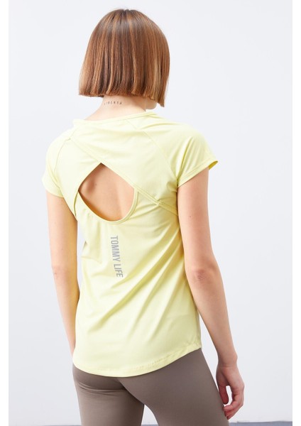 Limon Sırt Pencereli Kısa Kol Standart Kalıp O Yaka Kadın T-Shirt - 97101