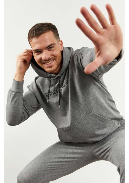 Gri Melanj Kapüşonlu Kanguru Cep Lastik Paça Erkek Oversize Eşofman Takımı - 85117