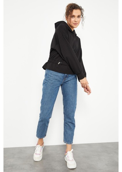 Siyah Beli Büzgülü Kapüşonlu Kadın Oversize Sweatshirt - 97159
