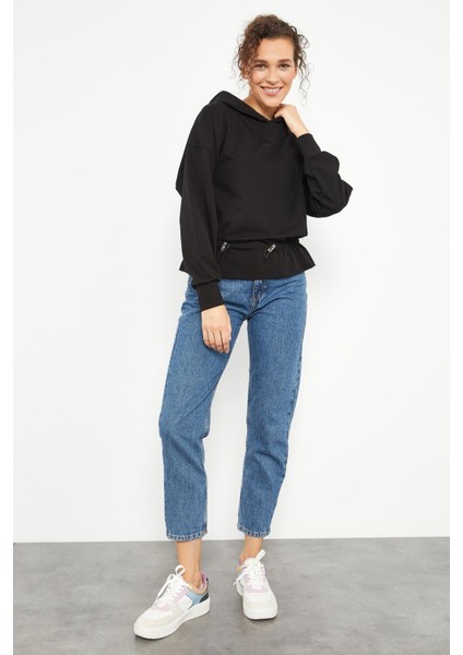 Siyah Beli Büzgülü Kapüşonlu Kadın Oversize Sweatshirt - 97159