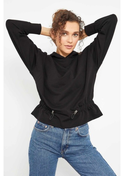 Siyah Beli Büzgülü Kapüşonlu Kadın Oversize Sweatshirt - 97159
