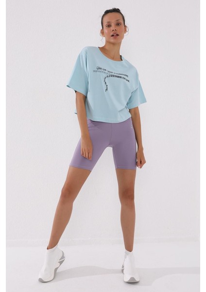 Açık Mavi Yazı Baskılı Kısa O Yaka Kadın Oversize T-Shirt - 97135