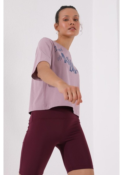 Gül Kurusu Asimetrik Yazı Baskılı O Yaka Kadın Oversize T-Shirt - 97136