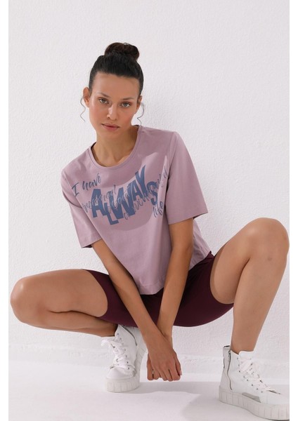 Gül Kurusu Asimetrik Yazı Baskılı O Yaka Kadın Oversize T-Shirt - 97136