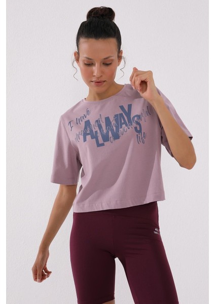 Gül Kurusu Asimetrik Yazı Baskılı O Yaka Kadın Oversize T-Shirt - 97136