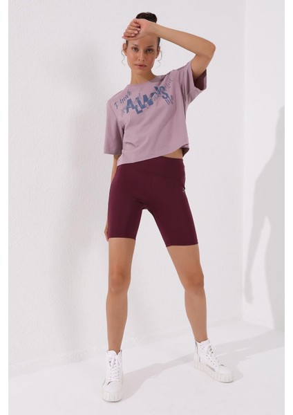 Gül Kurusu Asimetrik Yazı Baskılı O Yaka Kadın Oversize T-Shirt - 97136