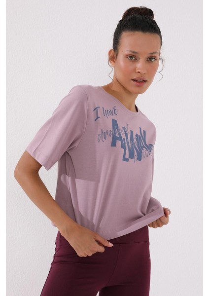 Gül Kurusu Asimetrik Yazı Baskılı O Yaka Kadın Oversize T-Shirt - 97136