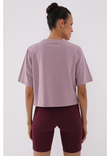 Gül Kurusu Asimetrik Yazı Baskılı O Yaka Kadın Oversize T-Shirt - 97136
