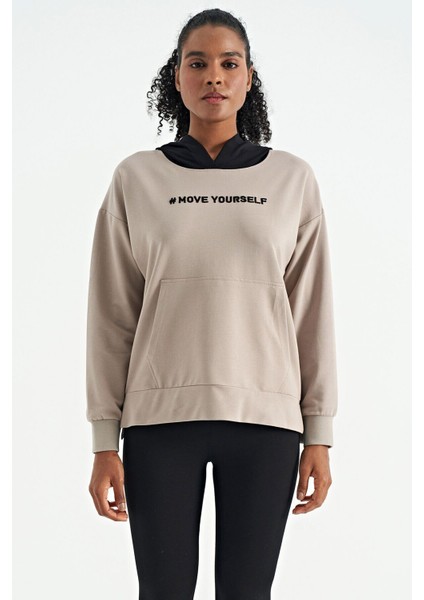 Koyu Bej Kadın Kapüşonlu Kanguru Cep Kadın Oversize Sweatshirt - 97161