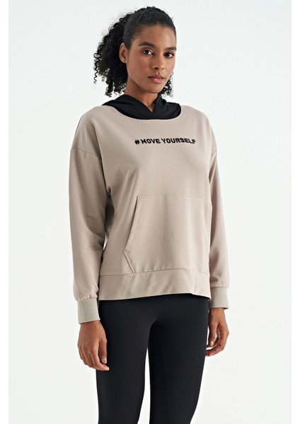 Koyu Bej Kadın Kapüşonlu Kanguru Cep Kadın Oversize Sweatshirt - 97161