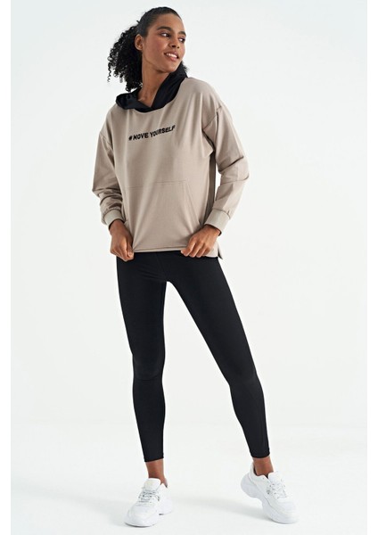 Koyu Bej Kadın Kapüşonlu Kanguru Cep Kadın Oversize Sweatshirt - 97161