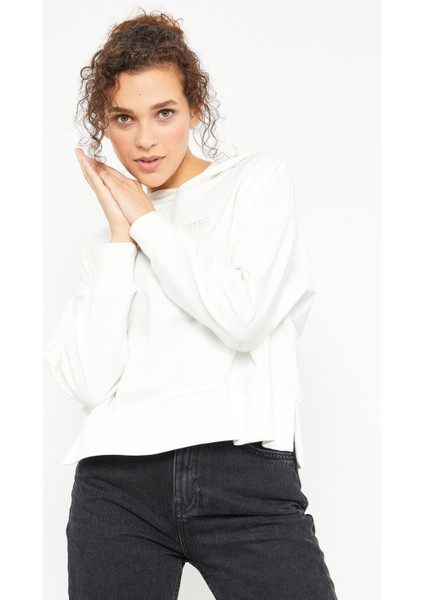 Ekru Yazı Nakışlı Kapüşonlu Basic Kadın Oversize Sweatshirt - 97164