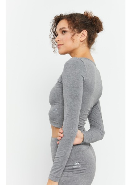 Gri Melanj Yüksek Bel Uzun Kollu Slim Fit Crop Top Kadın Tayt Takım - 95286 indirimleri