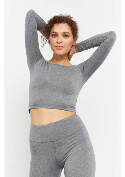 Gri Melanj Yüksek Bel Uzun Kollu Slim Fit Crop Top Kadın Tayt Takım - 95286