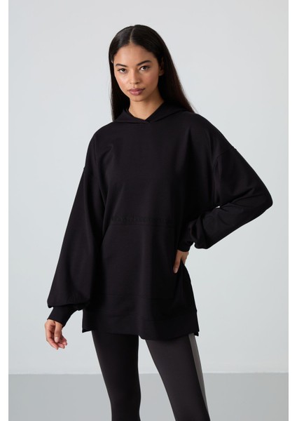 Siyah Balon Kol Yazı Nakışlı Kadın Oversize Tunik Sweatshirt - 97163