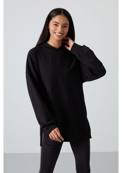 Siyah Balon Kol Yazı Nakışlı Kadın Oversize Tunik Sweatshirt - 97163 indirimleri
