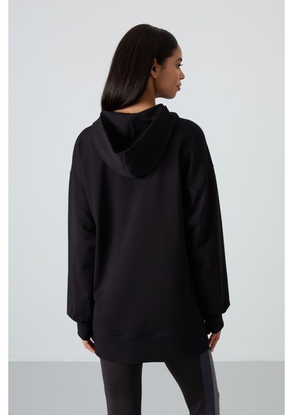 Siyah Balon Kol Yazı Nakışlı Kadın Oversize Tunik Sweatshirt - 97163