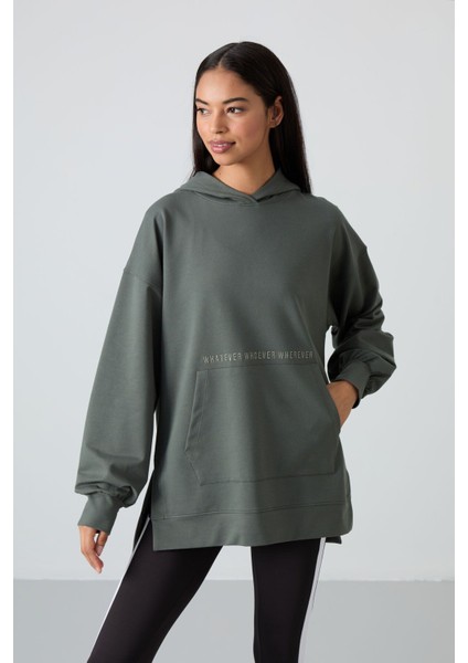 Çağla Balon Kol Yazı Nakışlı Kadın Oversize Tunik Sweatshirt - 97163