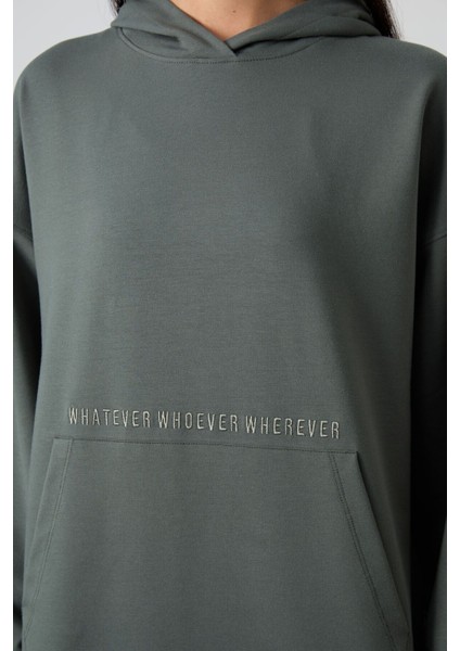 Çağla Balon Kol Yazı Nakışlı Kadın Oversize Tunik Sweatshirt - 97163