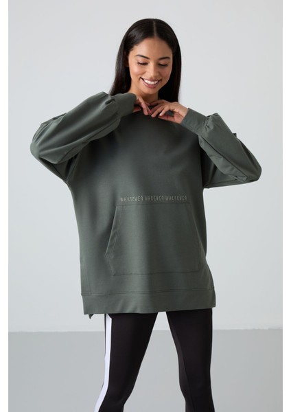 Çağla Balon Kol Yazı Nakışlı Kadın Oversize Tunik Sweatshirt - 97163
