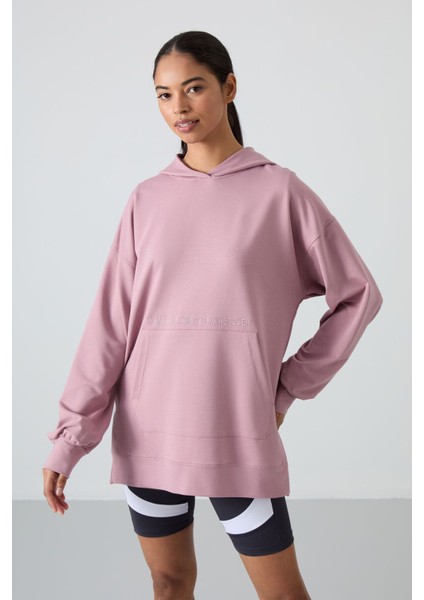 Gül Kurusu Balon Kol Yazı Nakışlı Kadın Oversize Tunik Sweatshirt - 97163