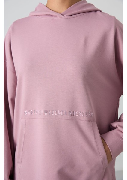 Gül Kurusu Balon Kol Yazı Nakışlı Kadın Oversize Tunik Sweatshirt - 97163 modelleri