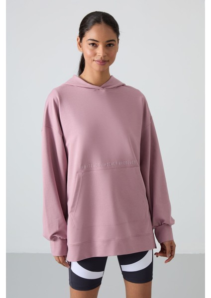 Gül Kurusu Balon Kol Yazı Nakışlı Kadın Oversize Tunik Sweatshirt - 97163 indirimleri