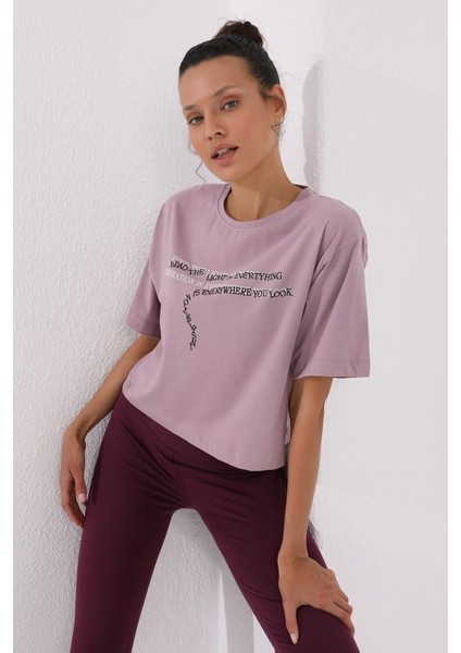 Gül Kurusu Yazı Baskılı Kısa O Yaka Kadın Oversize T-Shirt - 97135