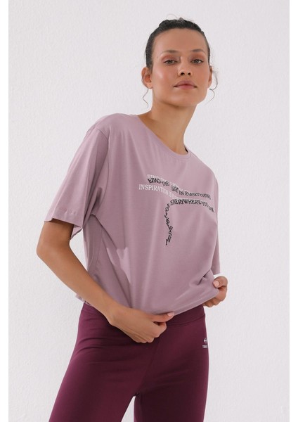 Gül Kurusu Yazı Baskılı Kısa O Yaka Kadın Oversize T-Shirt - 97135