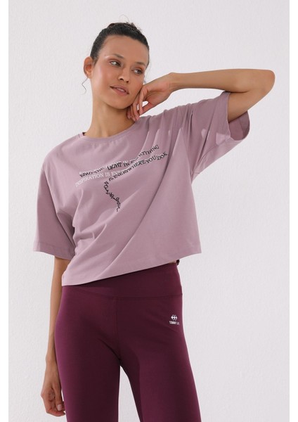 Gül Kurusu Yazı Baskılı Kısa O Yaka Kadın Oversize T-Shirt - 97135