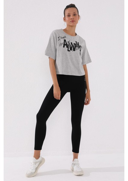 Gri Melanj Asimetrik Yazı Baskılı O Yaka Kadın Oversize T-Shirt - 97136