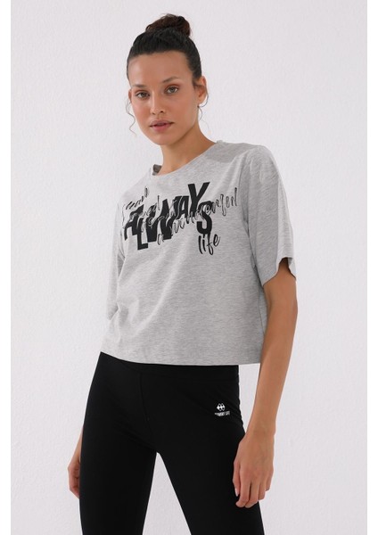 Gri Melanj Asimetrik Yazı Baskılı O Yaka Kadın Oversize T-Shirt - 97136