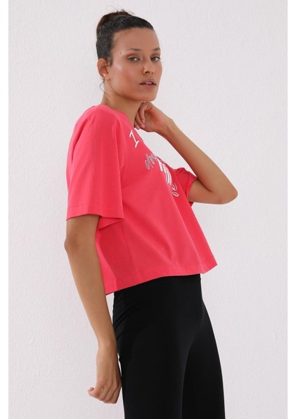Rose Asimetrik Yazı Baskılı O Yaka Kadın Oversize T-Shirt - 97136