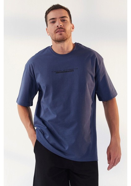 Petrol Yazı Baskılı O Yaka Erkek Oversize T-Shirt - 87984