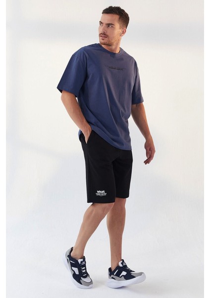 Petrol Yazı Baskılı O Yaka Erkek Oversize T-Shirt - 87984