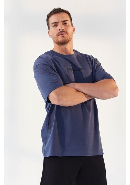 Petrol Yazı Baskılı O Yaka Erkek Oversize T-Shirt - 87984