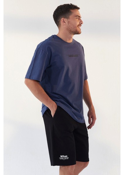 Petrol Yazı Baskılı O Yaka Erkek Oversize T-Shirt - 87984