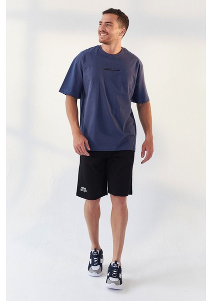 Petrol Yazı Baskılı O Yaka Erkek Oversize T-Shirt - 87984