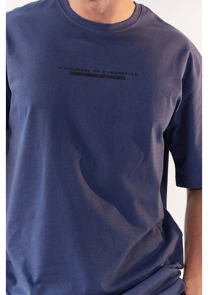 Petrol Yazı Baskılı O Yaka Erkek Oversize T-Shirt - 87984