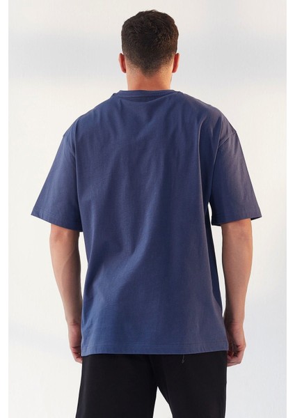 Petrol Yazı Baskılı O Yaka Erkek Oversize T-Shirt - 87984